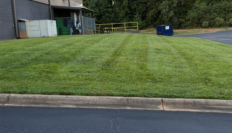 Mowed commercial lawn with cut stripes running to a warehouse loading bay