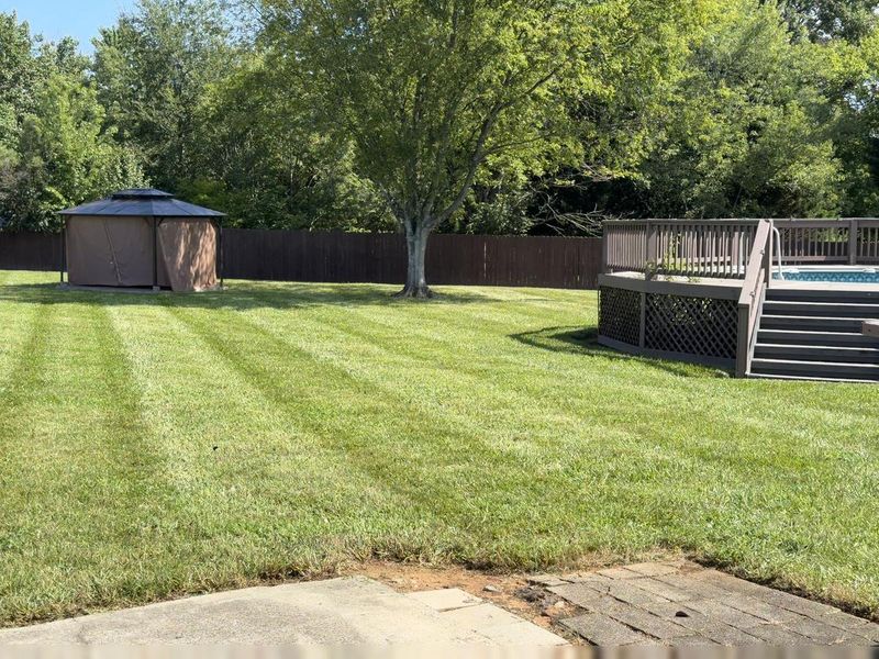 Residential back lawn mown in clean parallel stripes beside a gazebo and pool