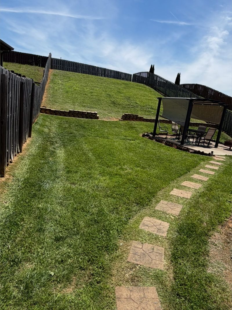 Fenced back yard mowed up a steep slope, with a stepping stone path to a shaded patio